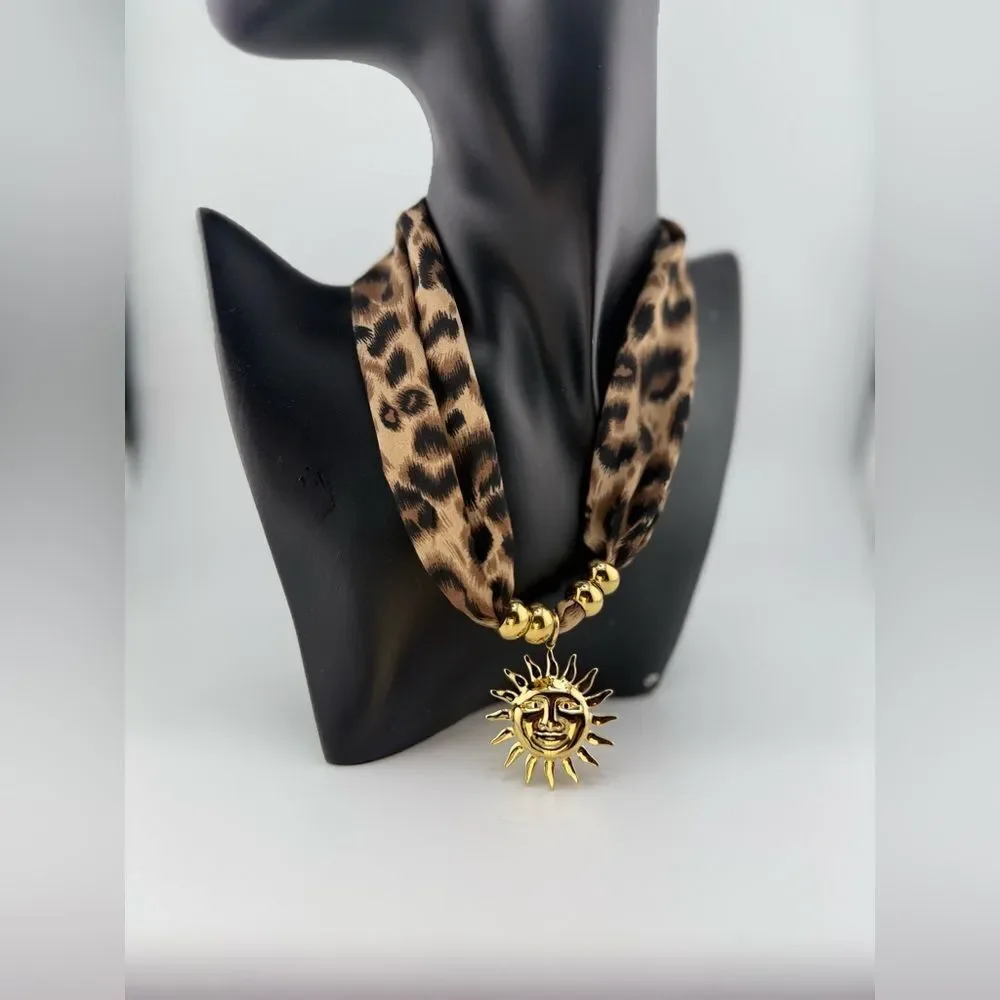 Leopard Print Scarf Necklace with Gold Sun Pendant – Bold, Glamorous & Unique - Picture 12 of 13